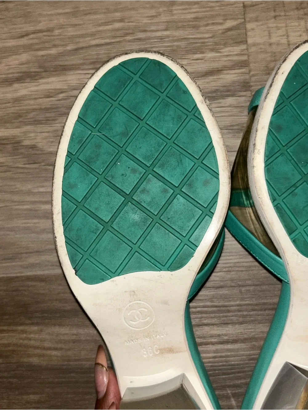 CHANEL Turquoise Green Leather PVC Slide Sandals-SIZE 36